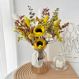 Opalfloral Yellow Anemone & Billy Button Dried Flower Set – Bright Centerpiece with Glass Vase, 13.8'' Tall