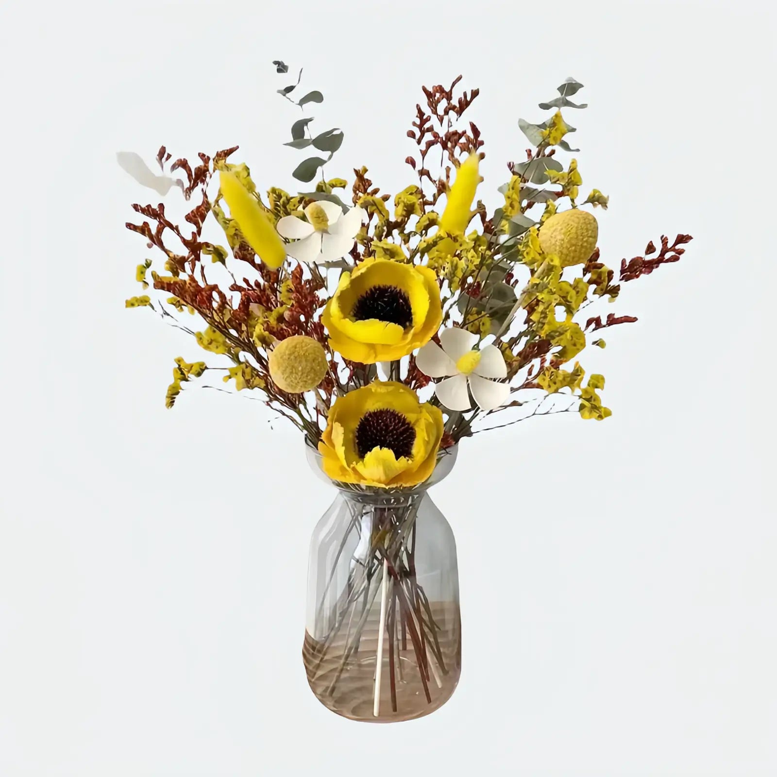 Opalfloral Yellow Anemone & Billy Button Dried Flower Set – Bright Centerpiece with Glass Vase, 13.8'' Tall