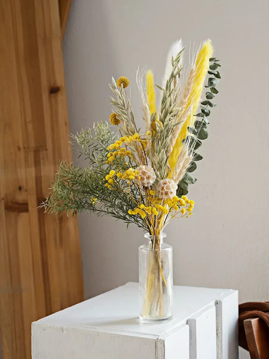 Opalfloral Yellow Billy Ball and Eucalyptus Dried Flower Bouquet