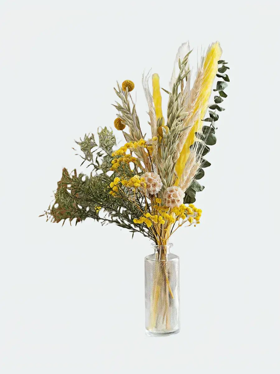 Opalfloral Yellow Billy Ball and Eucalyptus Dried Flower Bouquet