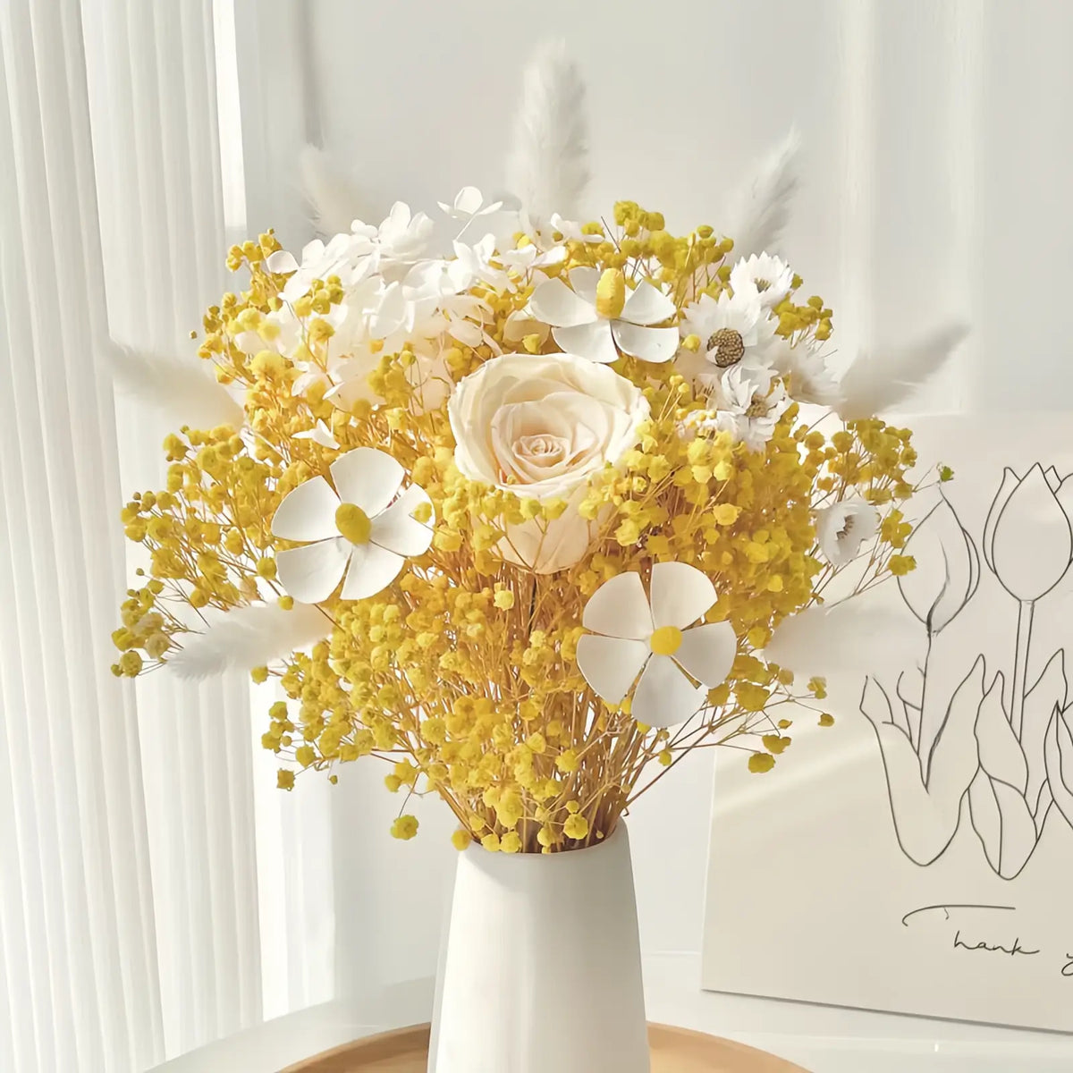 Opalfloral Yellow Gypsophila and White Rose Dried Flower Bouquet