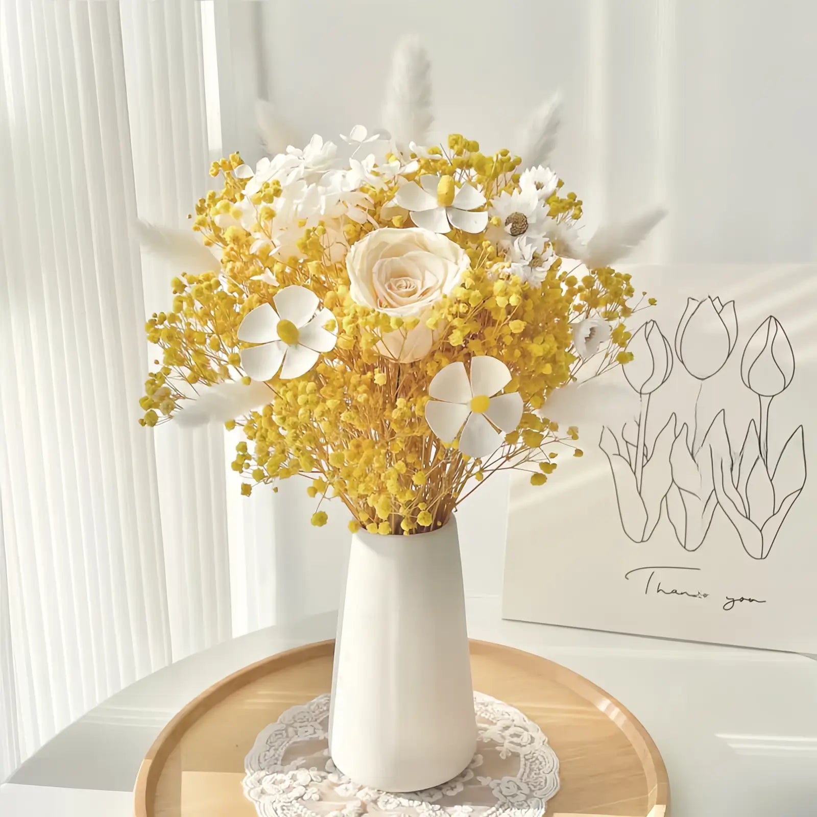 Opalfloral Yellow Gypsophila and White Rose Dried Flower Bouquet