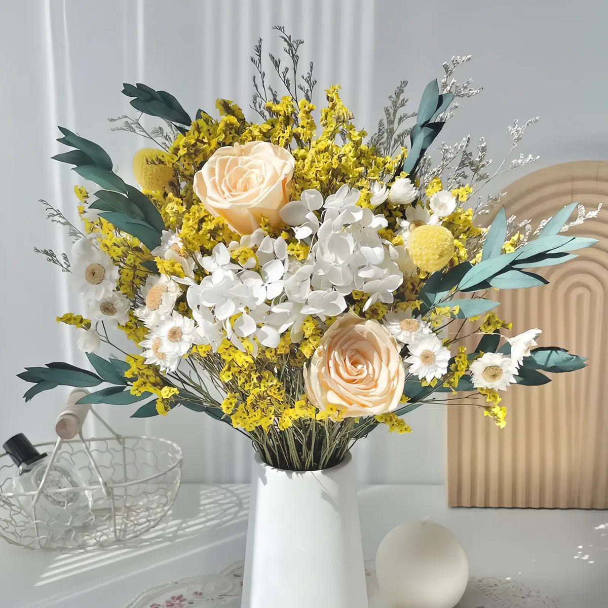 Opalfloral Yellow Rose and Hydrangea Dried Flower Bouquet