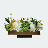 Opalfloral Classic White Hydrangea and Yellow Blossom Arrangement in Textured Rectangular Metal Vase