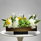 Opalfloral Classic White Hydrangea and Yellow Blossom Arrangement in Textured Rectangular Metal Vase