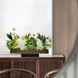 Opalfloral Classic White Hydrangea and Yellow Blossom Arrangement in Textured Rectangular Metal Vase