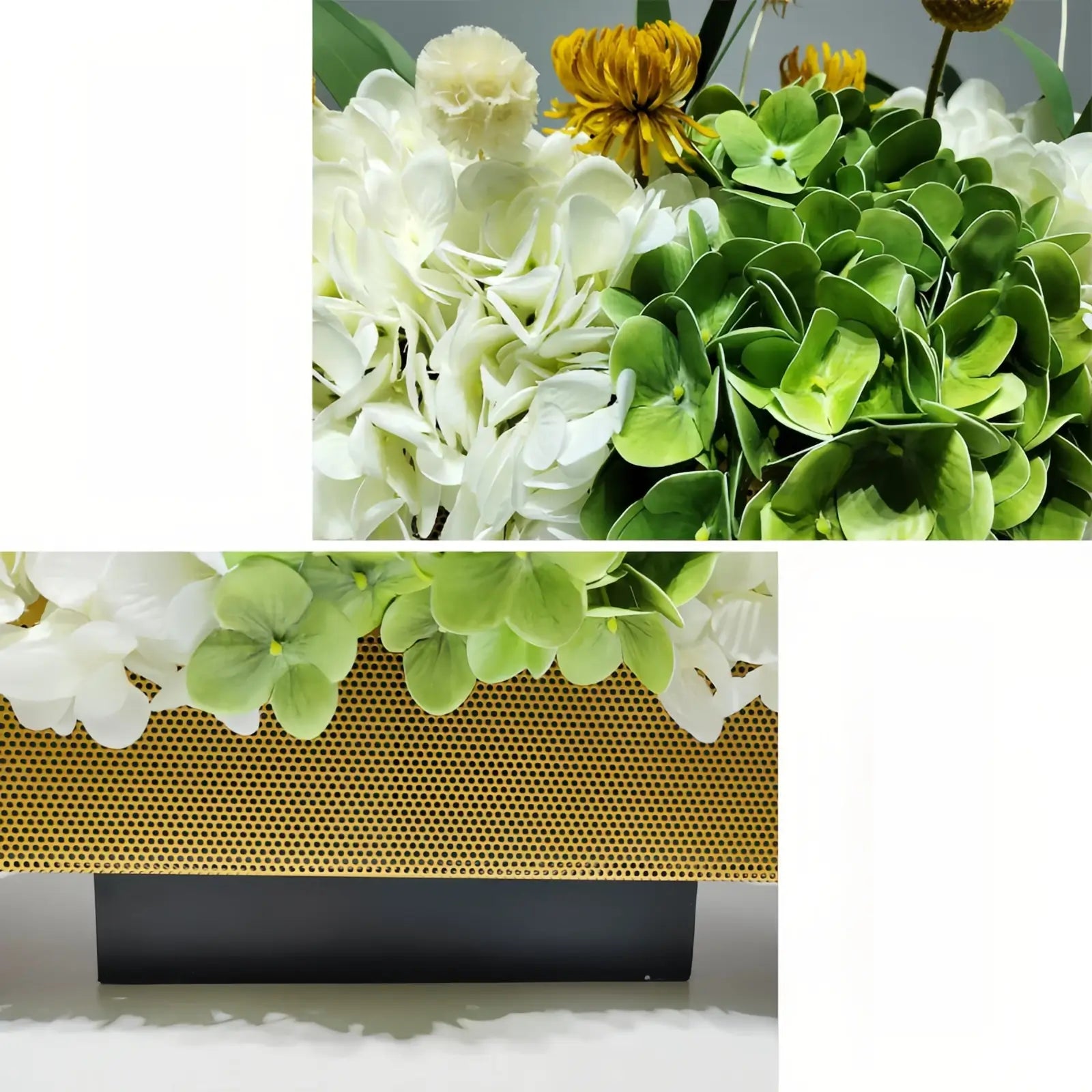Opalfloral Classic White Hydrangea and Yellow Blossom Arrangement in Textured Rectangular Metal Vase