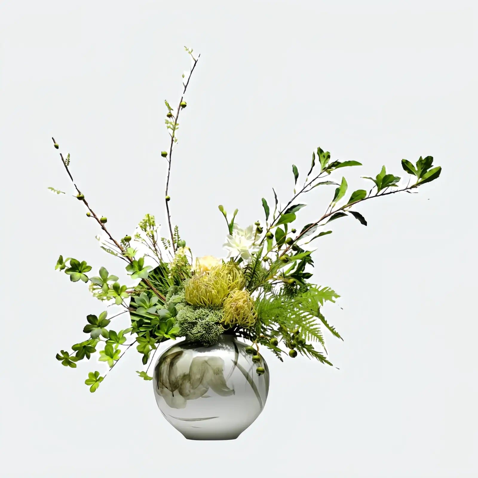 Opalfloral Minimalist Artificial Green Bonsai with Yellow and White Flowers in Gray Ceramic Wave Vase - OpalFloarl-Premium artificial flowers and elegant vases to elevate your home decor. 