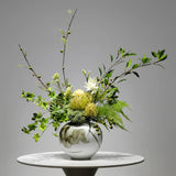 Opalfloral Minimalist Artificial Green Bonsai with Yellow and White Flowers in Gray Ceramic Wave Vase - OpalFloarl-Premium artificial flowers and elegant vases to elevate your home decor. 
