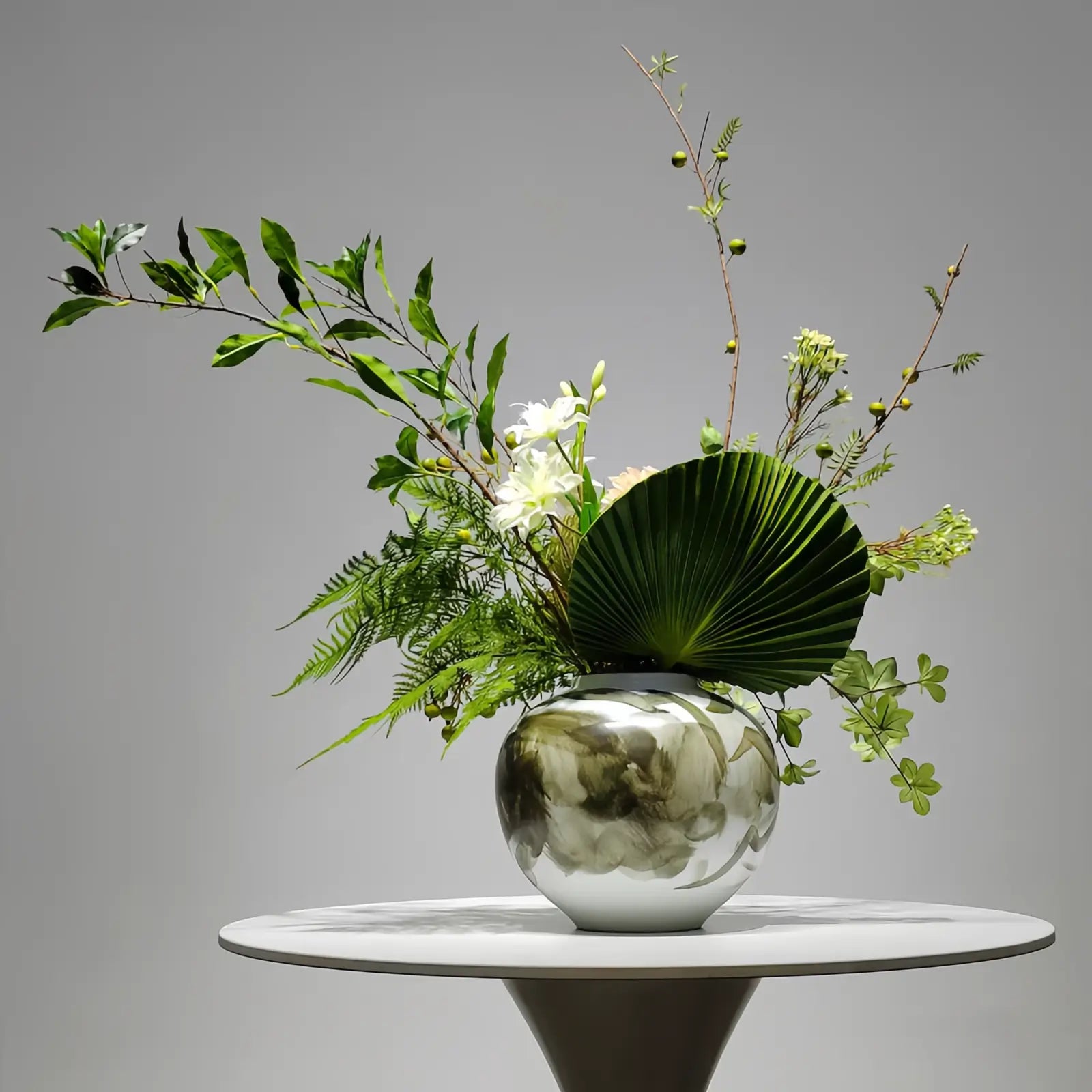 Opalfloral Minimalist Artificial Green Bonsai with Yellow and White Flowers in Gray Ceramic Wave Vase - OpalFloarl-Premium artificial flowers and elegant vases to elevate your home decor. 