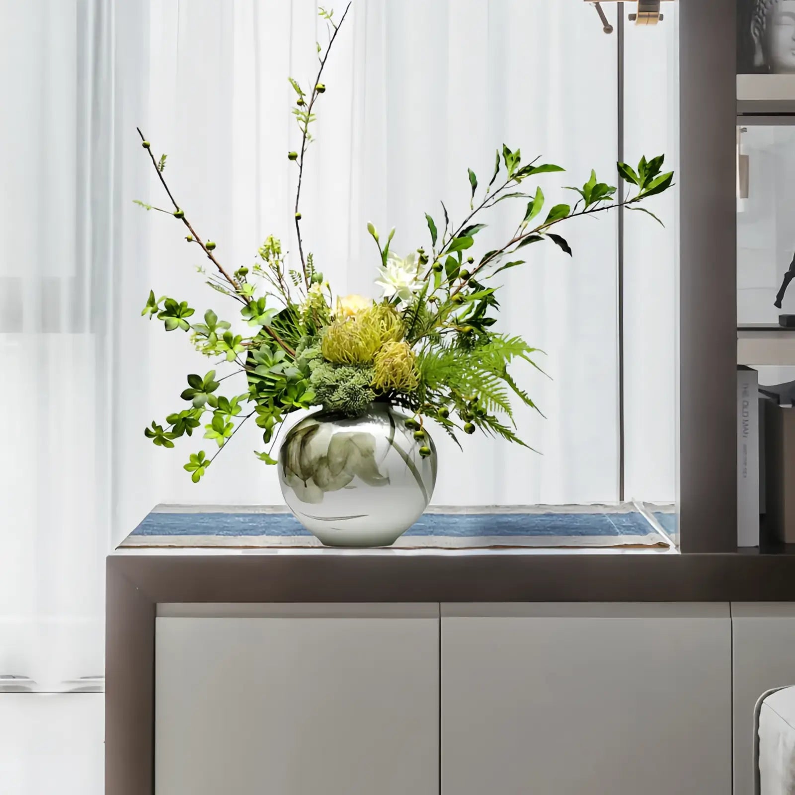 Opalfloral Minimalist Artificial Green Bonsai with Yellow and White Flowers in Gray Ceramic Wave Vase - OpalFloarl-Premium artificial flowers and elegant vases to elevate your home decor. 