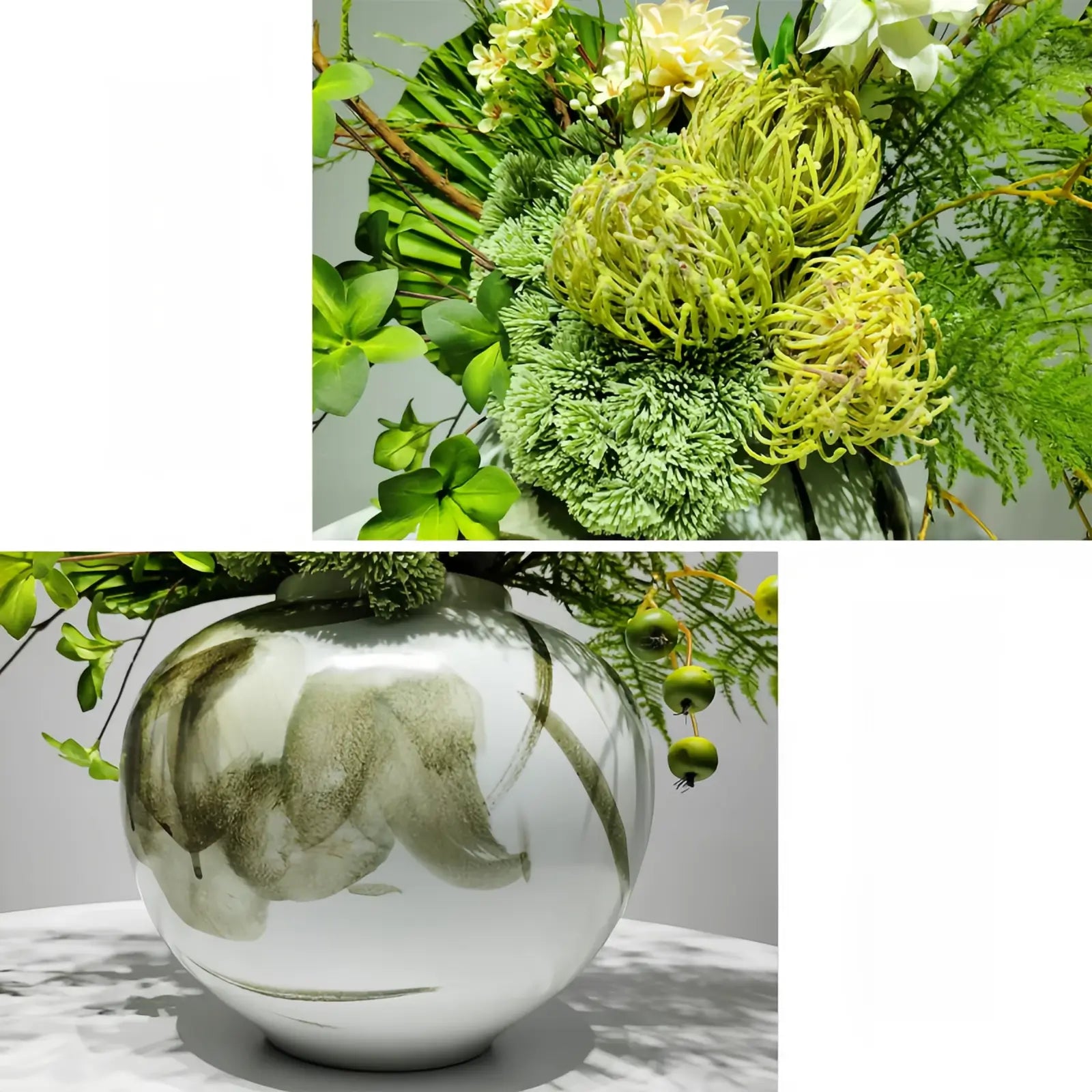 Opalfloral Minimalist Artificial Green Bonsai with Yellow and White Flowers in Gray Ceramic Wave Vase - OpalFloarl-Premium artificial flowers and elegant vases to elevate your home decor. 