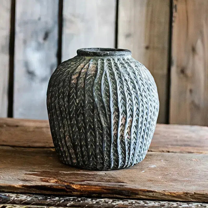 [10.8"] Rustic Black Ceramic Vase with Leaf Motif Texture