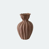 [12"] Rustic Brown Ceramic Vase with Fluted Pumpkin Design