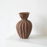 [12"] Rustic Brown Ceramic Vase with Fluted Pumpkin Design