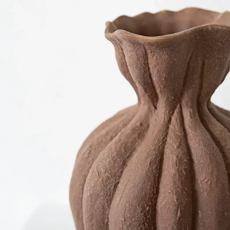 [12"] Rustic Brown Ceramic Vase with Fluted Pumpkin Design