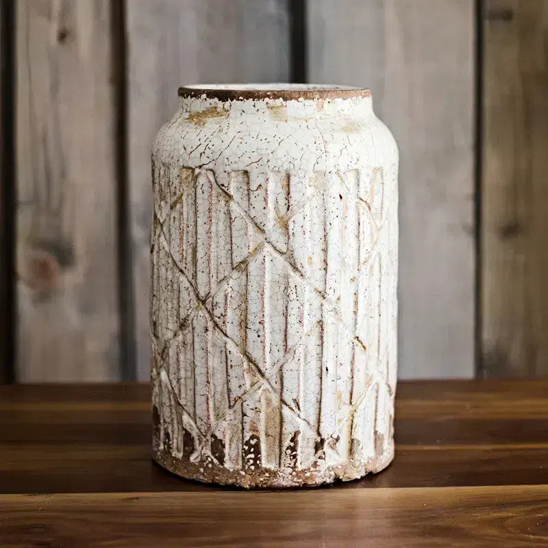 [12"] Rustic White Ceramic Vase with Textured Vintage Finish