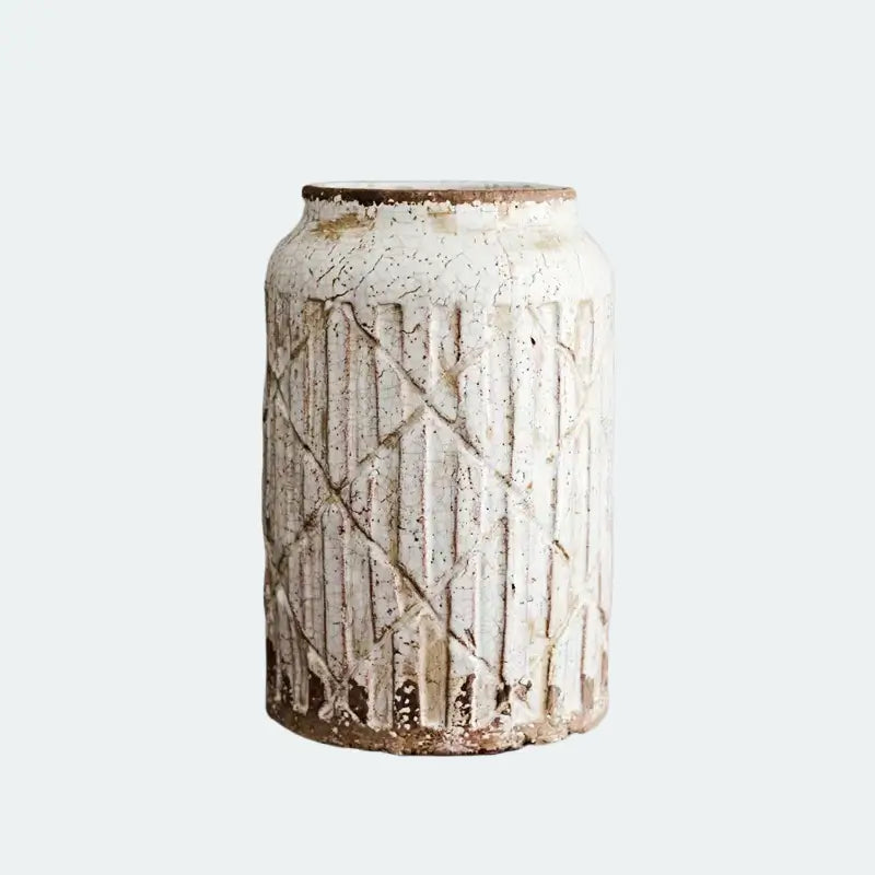 [12"] Rustic White Ceramic Vase with Textured Vintage Finish