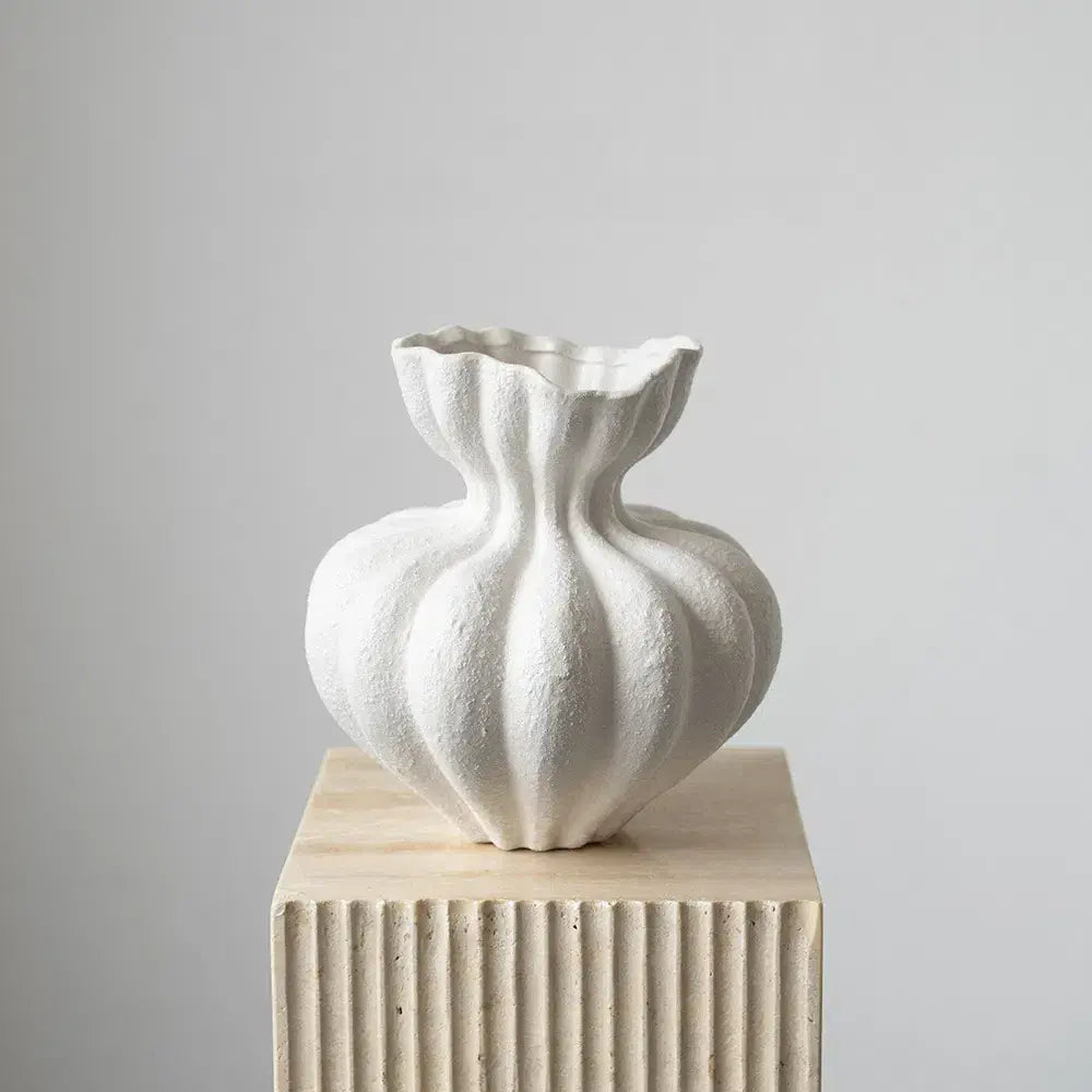 [9.8"] Sculptural White Ceramic Vase with Lotus-Inspired Design