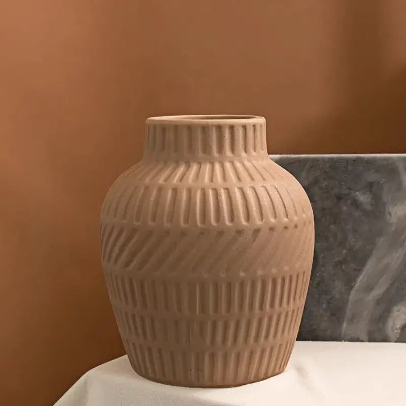 [9.8"] Terracotta Ceramic Vase with Textured Diagonal Design