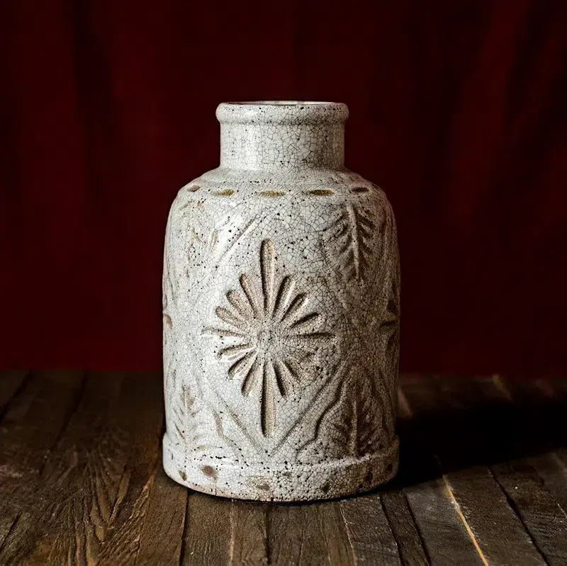 [12.8"] Vintage Floral Embossed Ceramic Vase in Distressed White