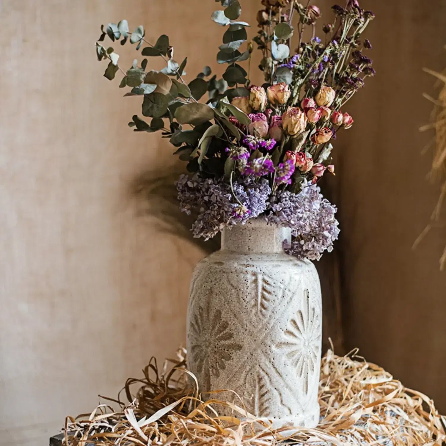 [12.8"] Vintage Floral Embossed Ceramic Vase in Distressed White