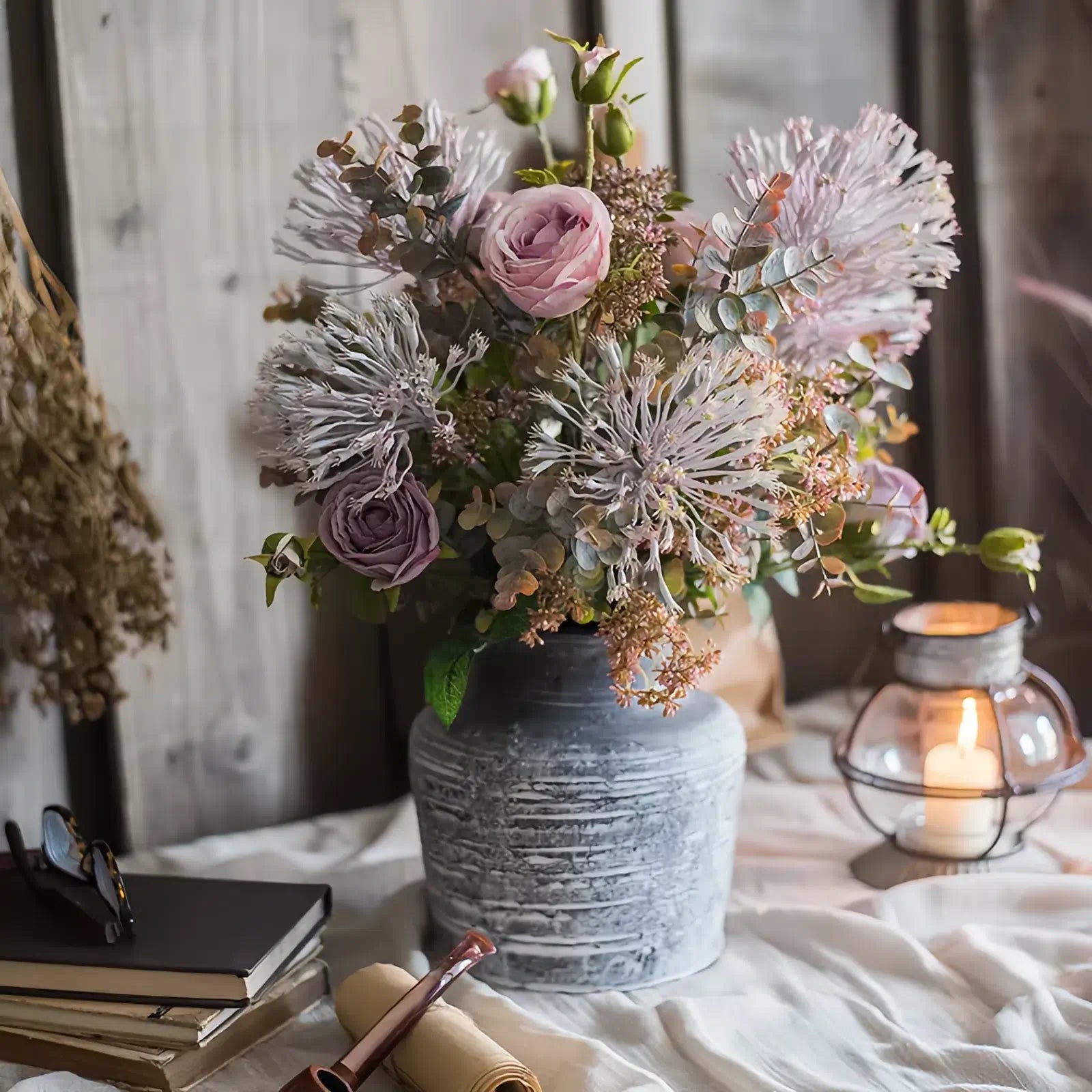 Vintage Lavender and Rose Artificial Floral Arrangement