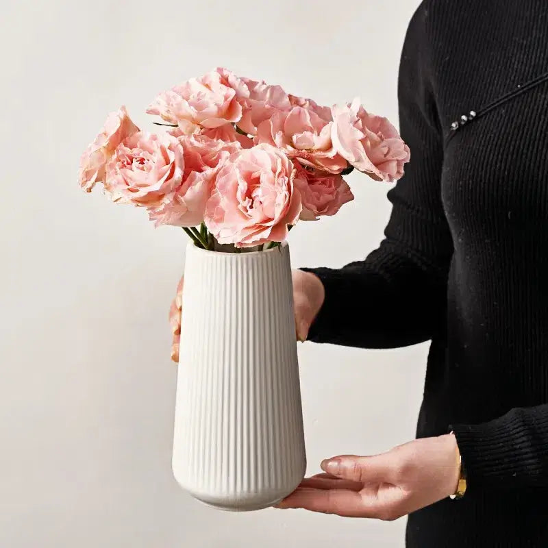 [9.8"] White Ceramic Vase with Ribbed Minimalist Design